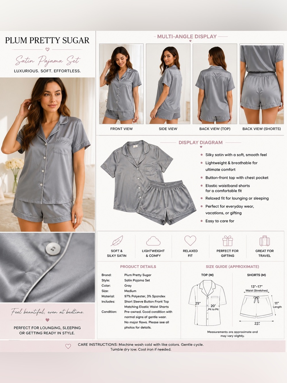 Plum Pretty Sugar Women's Satin Pajama Set Gray Button Front Top & Shorts Size M
